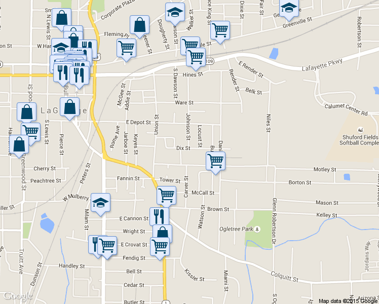 map of restaurants, bars, coffee shops, grocery stores, and more near 210 Dix Street in LaGrange