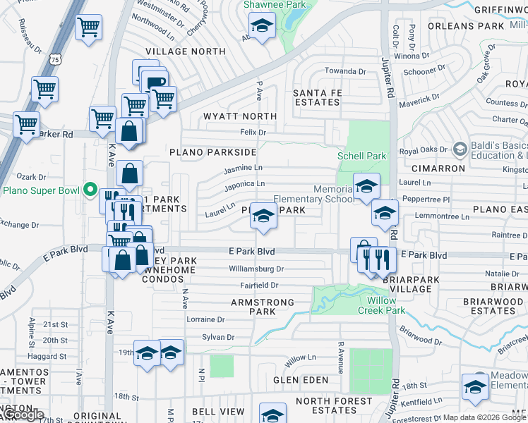 map of restaurants, bars, coffee shops, grocery stores, and more near 1701 Hawthorne Lane in Plano