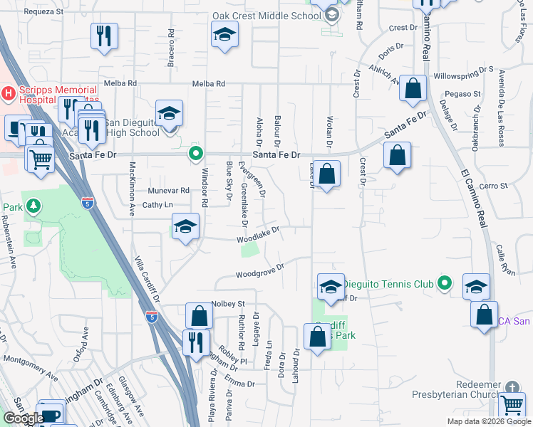 map of restaurants, bars, coffee shops, grocery stores, and more near 1436 Caminito Septimo in Encinitas