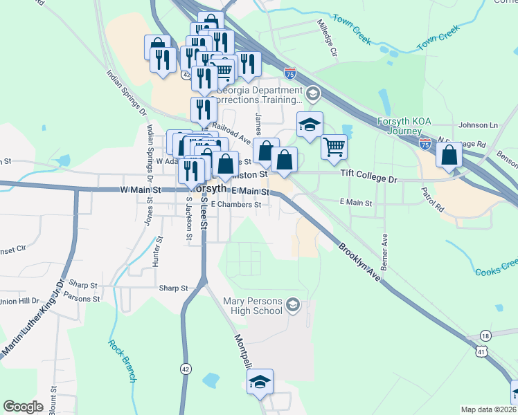 map of restaurants, bars, coffee shops, grocery stores, and more near 97A Green Street in Forsyth