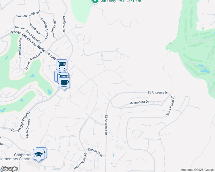 map of restaurants, bars, coffee shops, grocery stores, and more near 17801 Joyas Court in Poway
