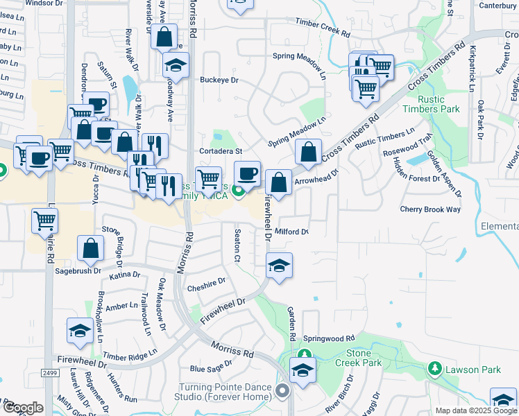 map of restaurants, bars, coffee shops, grocery stores, and more near 3535 Firewheel Drive in Flower Mound