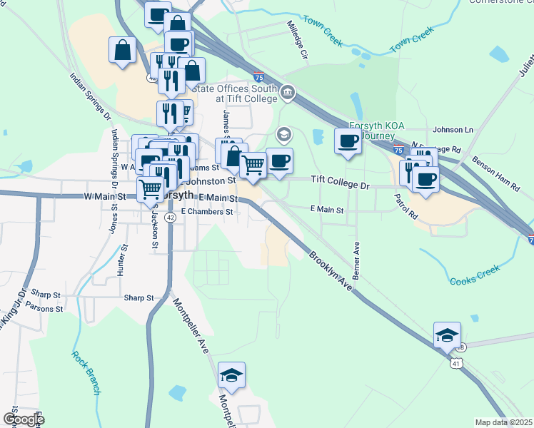 map of restaurants, bars, coffee shops, grocery stores, and more near 26 Brooklyn Avenue in Forsyth
