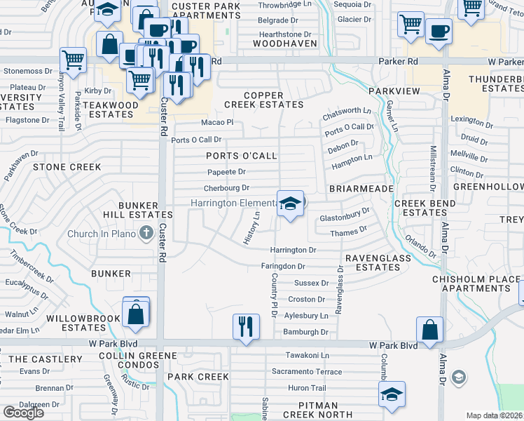 map of restaurants, bars, coffee shops, grocery stores, and more near 2560 History Lane in Plano