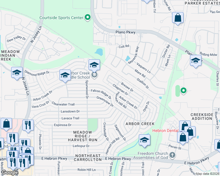 map of restaurants, bars, coffee shops, grocery stores, and more near 2144 Arbor Creek Drive in Carrollton