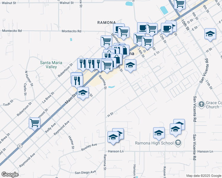 map of restaurants, bars, coffee shops, grocery stores, and more near 601 16th Street in Ramona