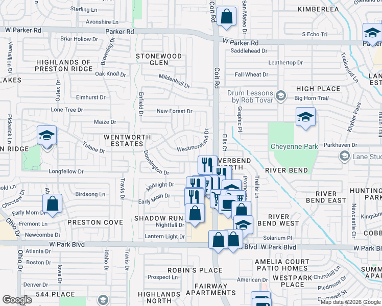 map of restaurants, bars, coffee shops, grocery stores, and more near 4101 Rockingham Way in Plano