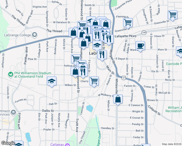 map of restaurants, bars, coffee shops, grocery stores, and more near 511 South Lewis Street in LaGrange