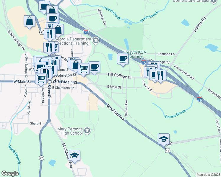 map of restaurants, bars, coffee shops, grocery stores, and more near 32 Dungan Street in Forsyth