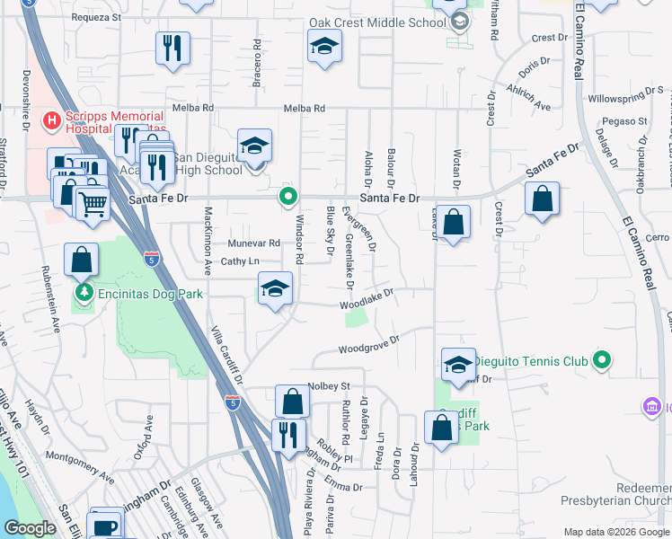 map of restaurants, bars, coffee shops, grocery stores, and more near 1305 Blue Sky Drive in Encinitas