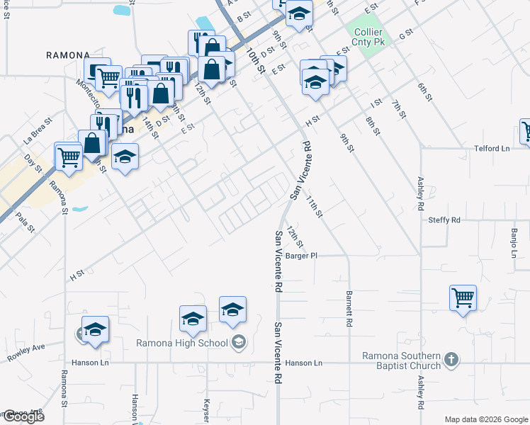 map of restaurants, bars, coffee shops, grocery stores, and more near in Ramona