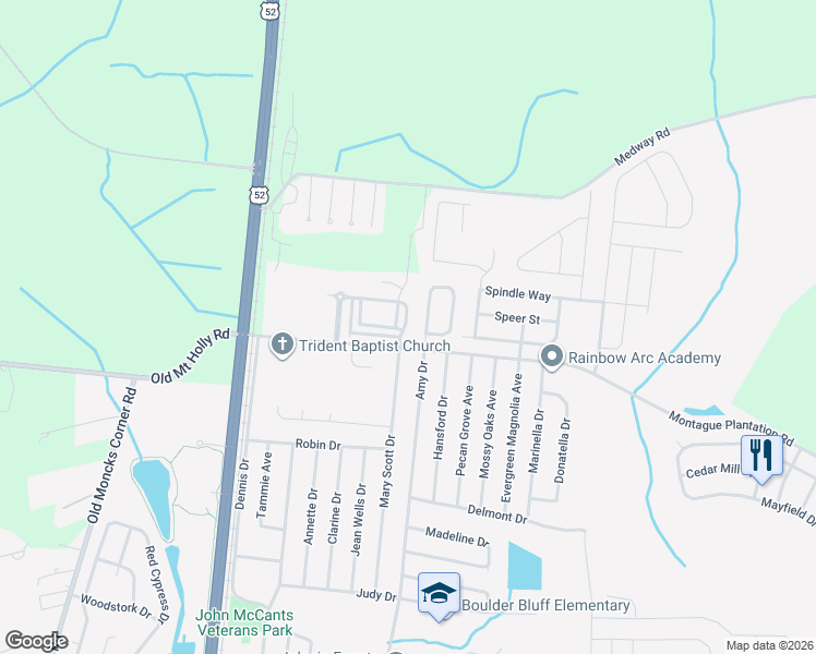 map of restaurants, bars, coffee shops, grocery stores, and more near 280 Swallowtail Lane in Goose Creek