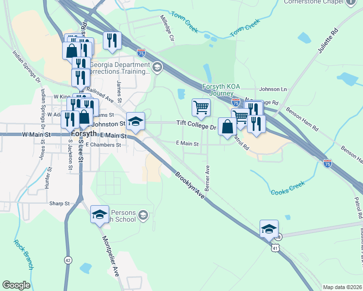 map of restaurants, bars, coffee shops, grocery stores, and more near 32 Dungan Street in Forsyth