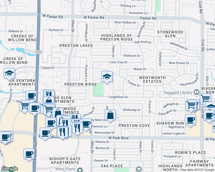map of restaurants, bars, coffee shops, grocery stores, and more near 2601 Decator Drive in Plano