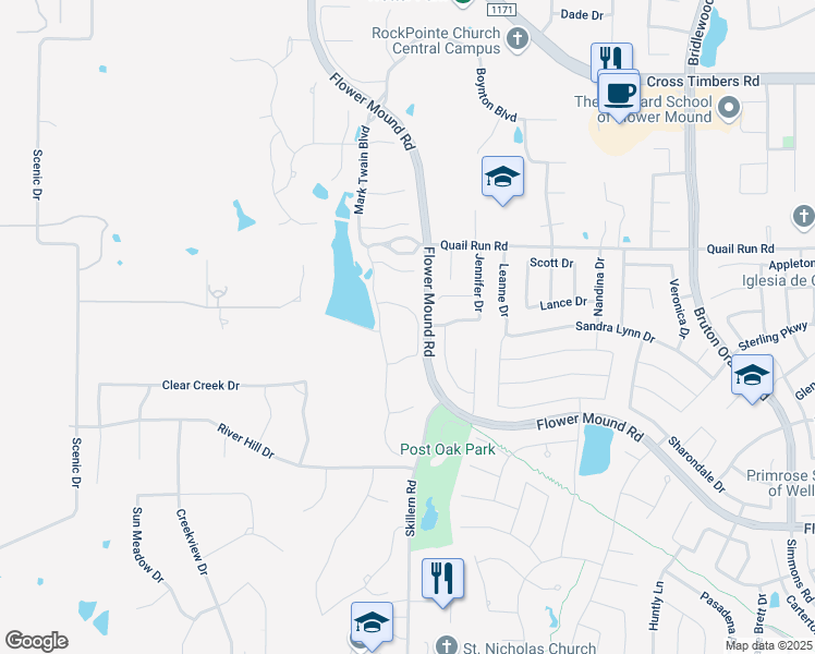map of restaurants, bars, coffee shops, grocery stores, and more near 3405 Faulkner Drive in Flower Mound