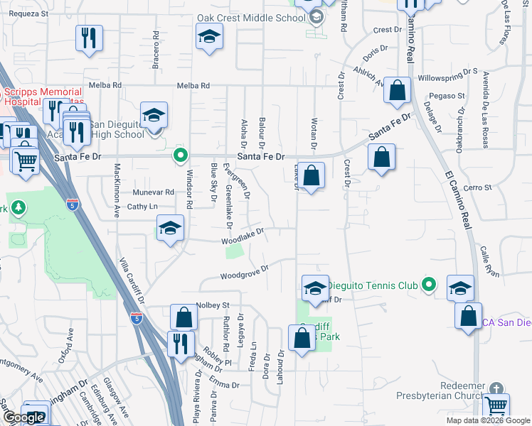 map of restaurants, bars, coffee shops, grocery stores, and more near 1436 Caminito Septimo in Encinitas