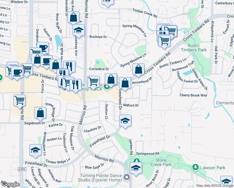 map of restaurants, bars, coffee shops, grocery stores, and more near 3535 Firewheel Drive in Flower Mound