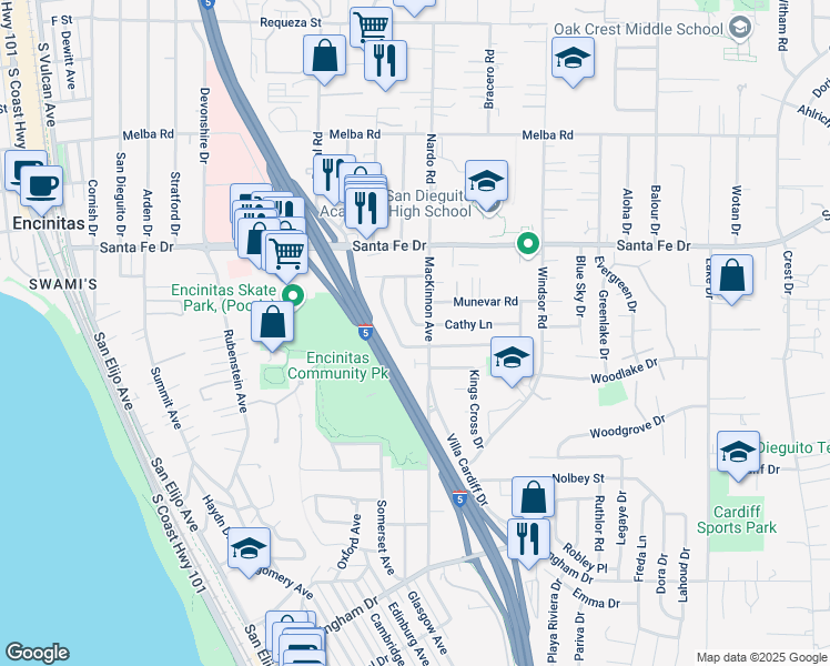 map of restaurants, bars, coffee shops, grocery stores, and more near 617 Cathy Lane in Encinitas