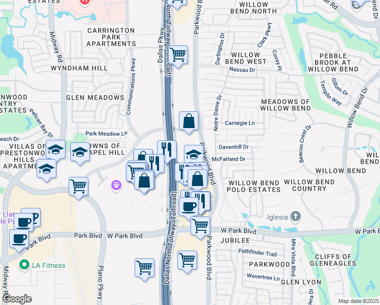 map of restaurants, bars, coffee shops, grocery stores, and more near 2500 Dallas Parkway in Plano