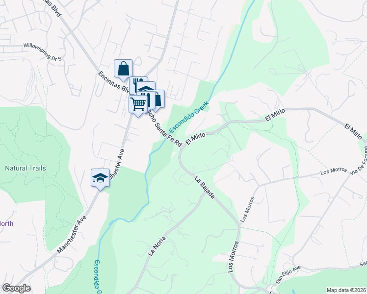 map of restaurants, bars, coffee shops, grocery stores, and more near El Mirlo & La Bajada in San Diego County