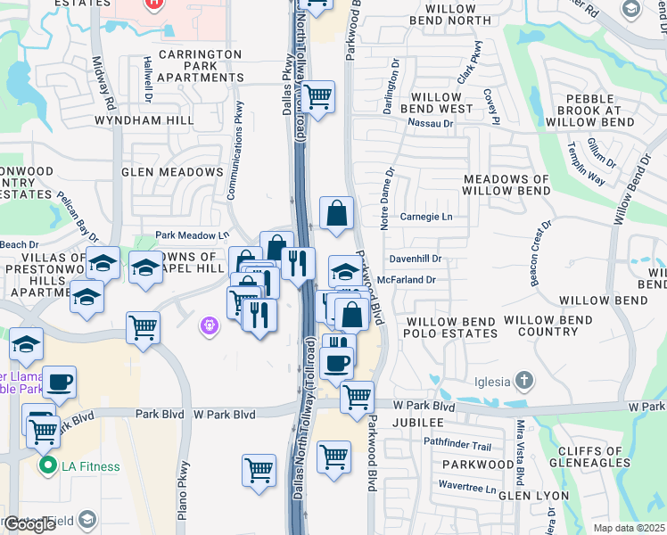 map of restaurants, bars, coffee shops, grocery stores, and more near 2500 Dallas Parkway in Plano