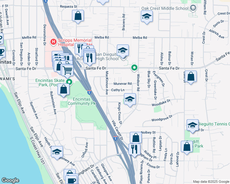 map of restaurants, bars, coffee shops, grocery stores, and more near 733 Cathy Lane in Encinitas