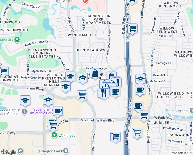map of restaurants, bars, coffee shops, grocery stores, and more near 6201 Chapel Hill Boulevard in Plano