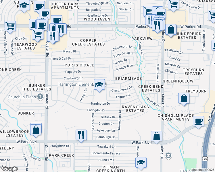 map of restaurants, bars, coffee shops, grocery stores, and more near 2417 Adderberry Lane in Plano