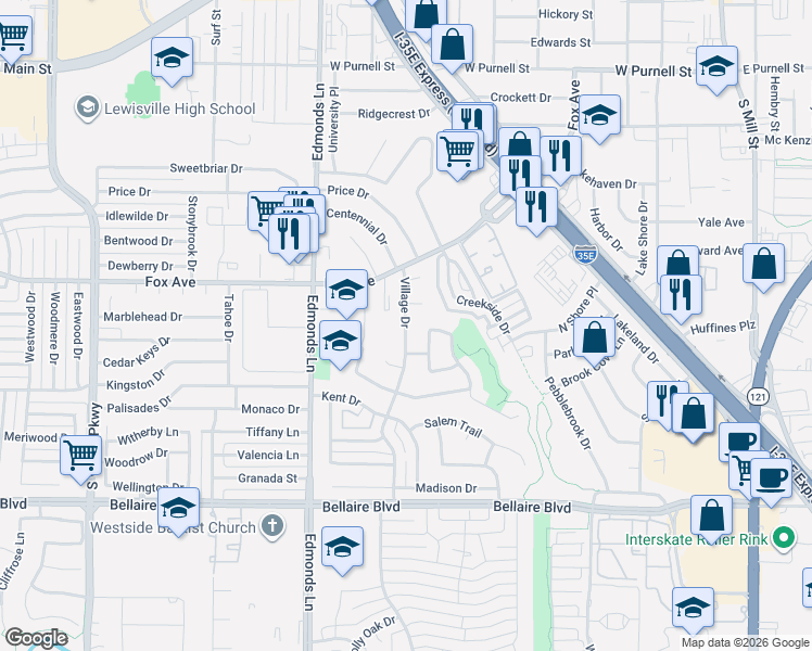 map of restaurants, bars, coffee shops, grocery stores, and more near 231 Village Drive in Lewisville