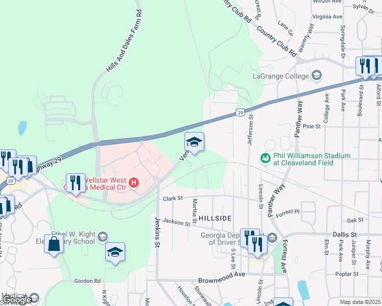 map of restaurants, bars, coffee shops, grocery stores, and more near 1501 Vernon Road in LaGrange