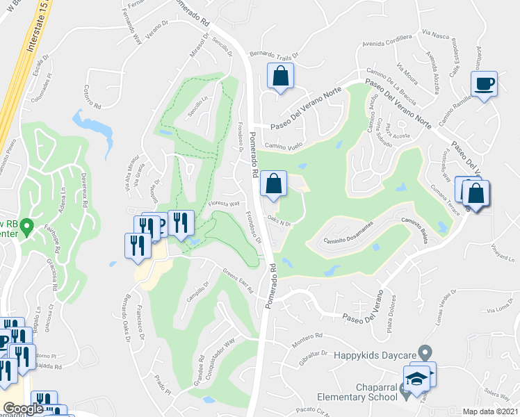 map of restaurants, bars, coffee shops, grocery stores, and more near 17587 Frondoso Drive in San Diego