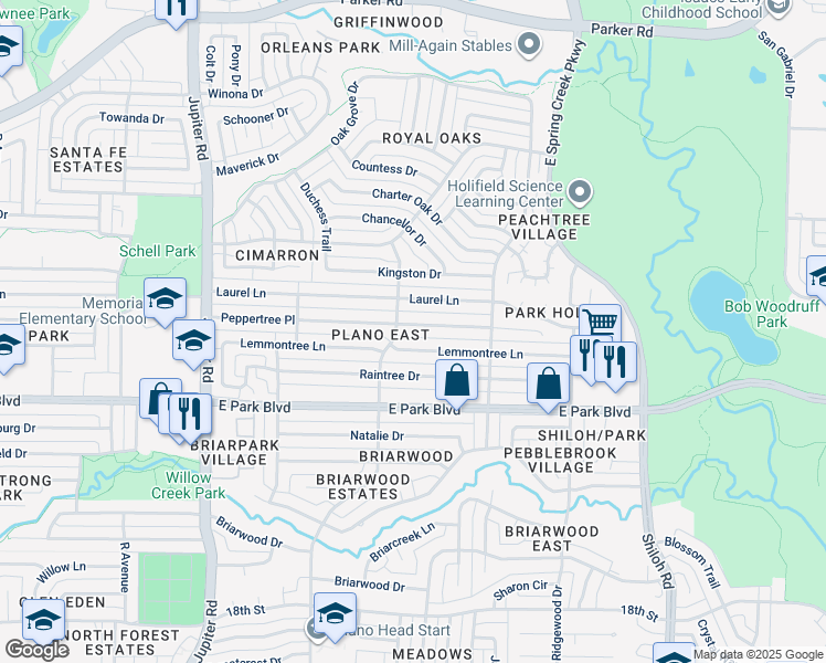 map of restaurants, bars, coffee shops, grocery stores, and more near 2911 Lemmontree Lane in Plano