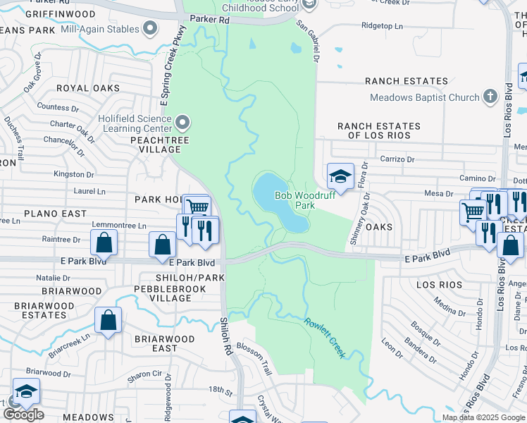 map of restaurants, bars, coffee shops, grocery stores, and more near Bob Woodruff Park Trail in Plano