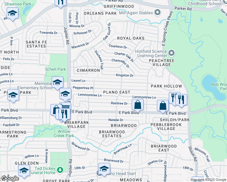 map of restaurants, bars, coffee shops, grocery stores, and more near 2800 Peppertree Place in Plano