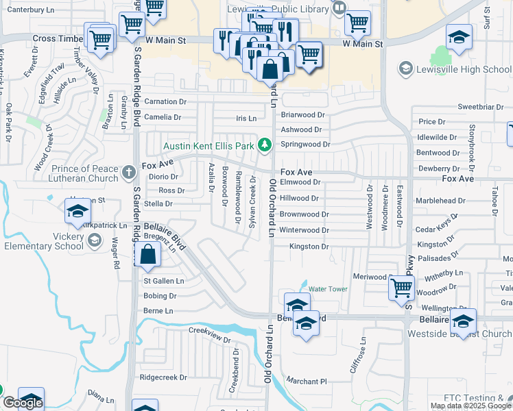 map of restaurants, bars, coffee shops, grocery stores, and more near 927 Sylvan Creek Drive in Lewisville