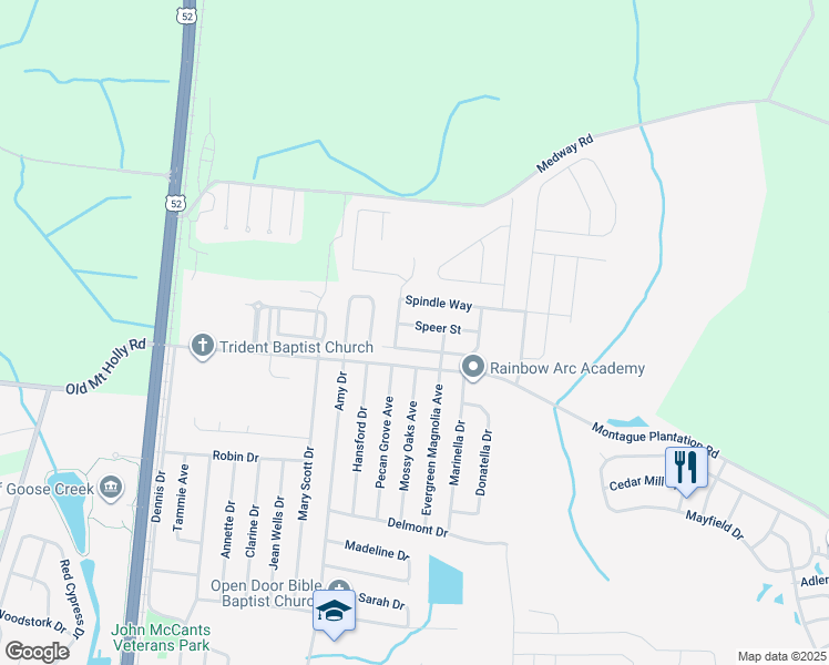 map of restaurants, bars, coffee shops, grocery stores, and more near 119 Speer Street in Goose Creek