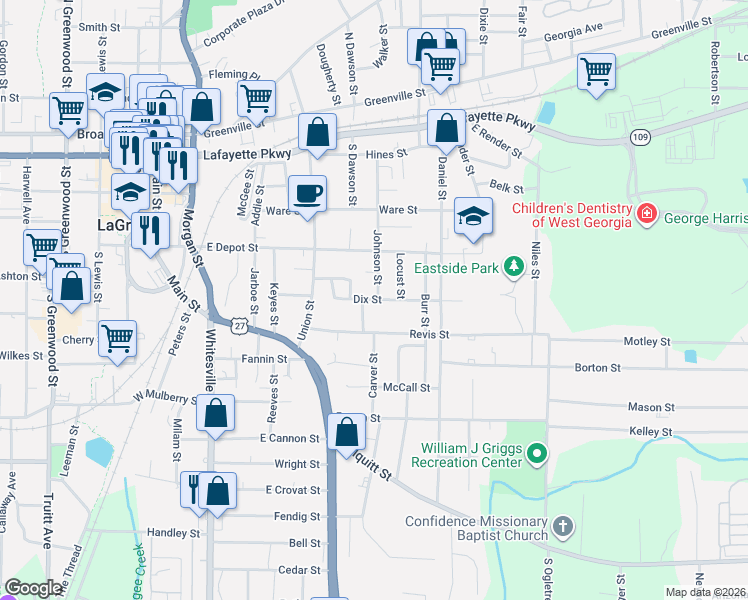 map of restaurants, bars, coffee shops, grocery stores, and more near 199 Dix Street in LaGrange
