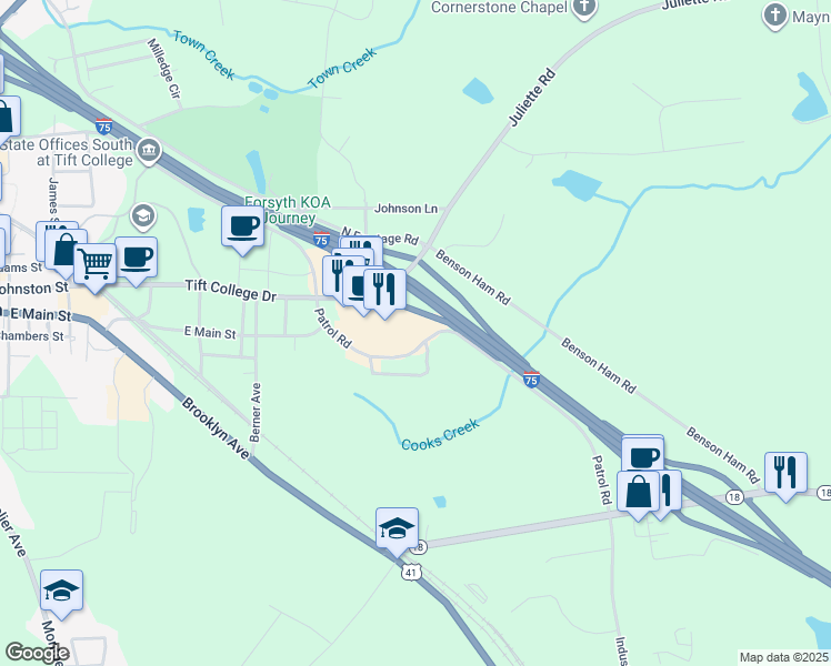 map of restaurants, bars, coffee shops, grocery stores, and more near 520 Holiday Circle in Forsyth