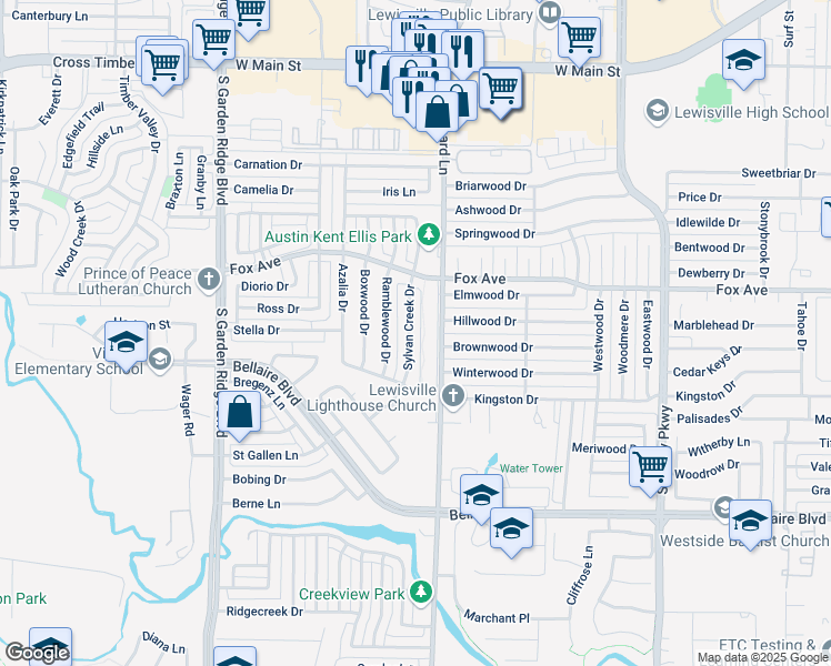 map of restaurants, bars, coffee shops, grocery stores, and more near 940 Sylvan Creek Drive in Lewisville