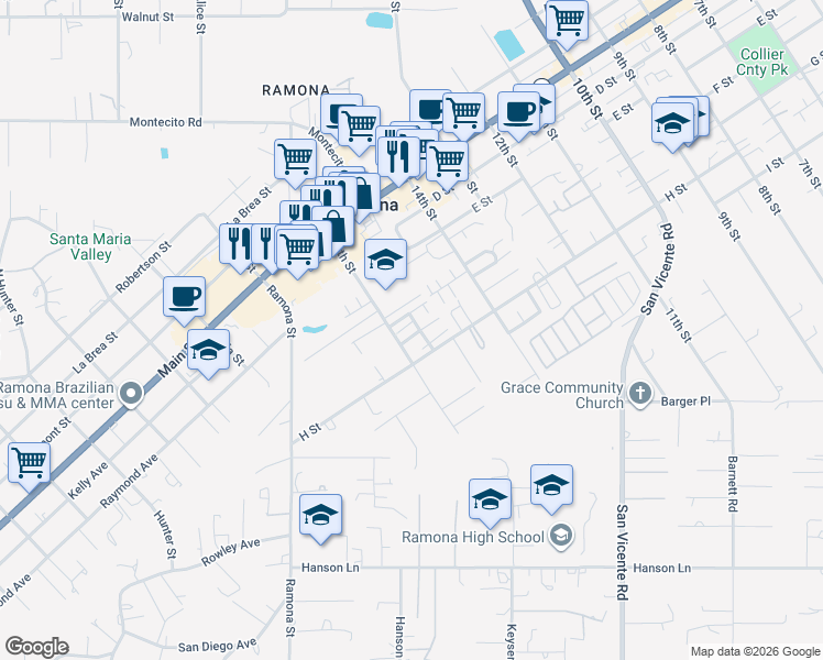 map of restaurants, bars, coffee shops, grocery stores, and more near 1537 H Street in Ramona