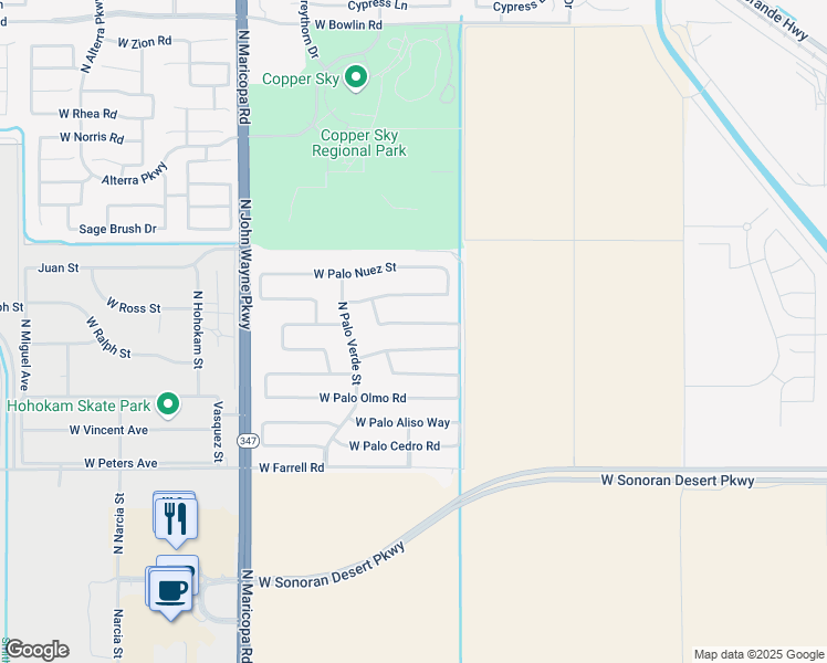 map of restaurants, bars, coffee shops, grocery stores, and more near 44052 West Palo Ceniza Way in Maricopa
