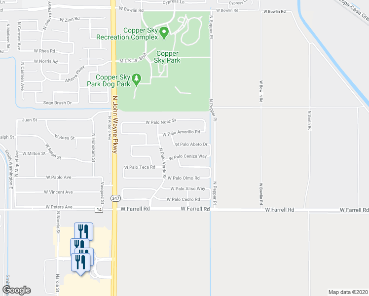 map of restaurants, bars, coffee shops, grocery stores, and more near 44141 West Palo Abeto Drive in Maricopa