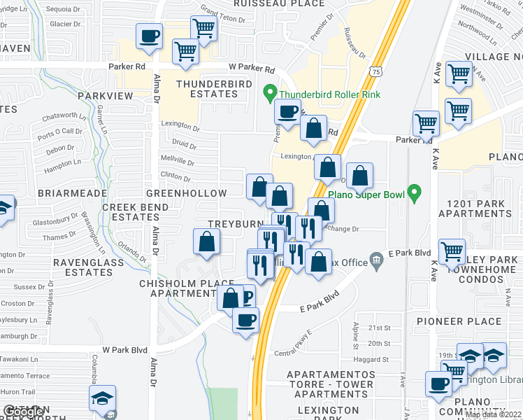map of restaurants, bars, coffee shops, grocery stores, and more near 2655 Premier Drive in Plano