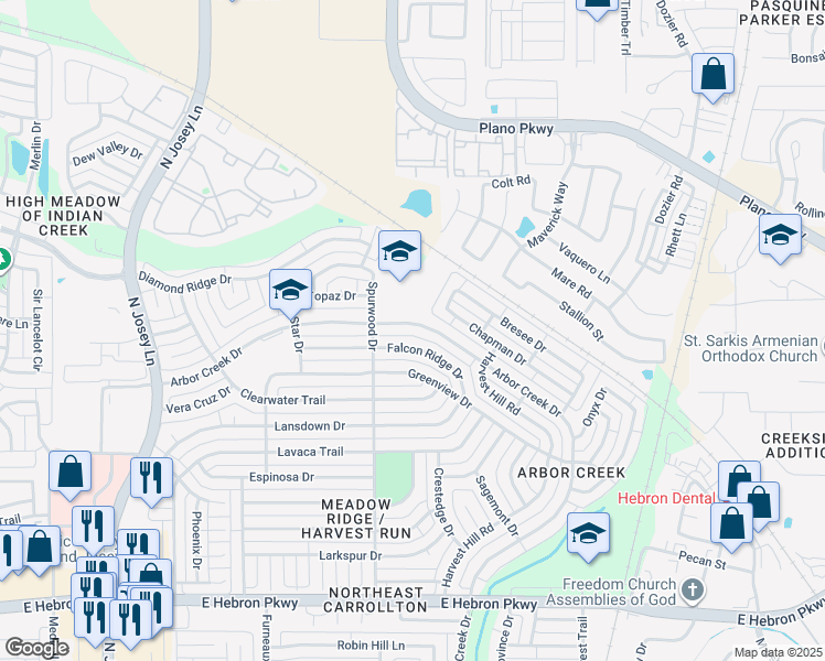 map of restaurants, bars, coffee shops, grocery stores, and more near 2121 Falcon Ridge Drive in Carrollton