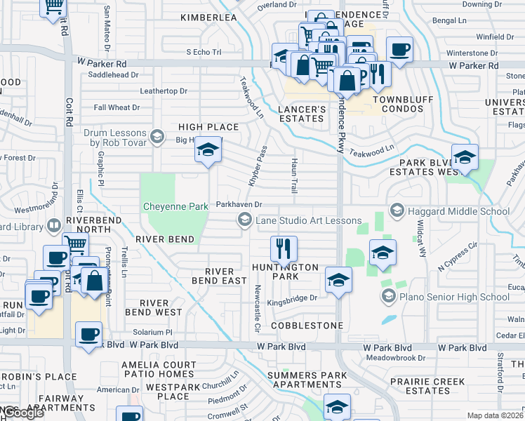 map of restaurants, bars, coffee shops, grocery stores, and more near 3460 Sheffield Circle in Plano