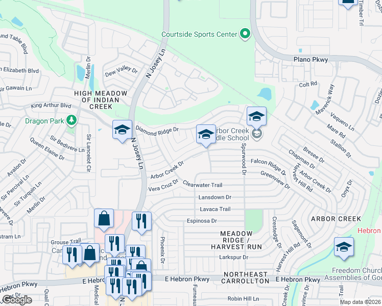 map of restaurants, bars, coffee shops, grocery stores, and more near 2050 Arbor Creek Drive in Carrollton