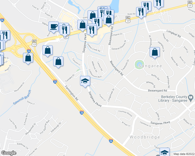map of restaurants, bars, coffee shops, grocery stores, and more near 1019 Cobblestone Boulevard in Summerville