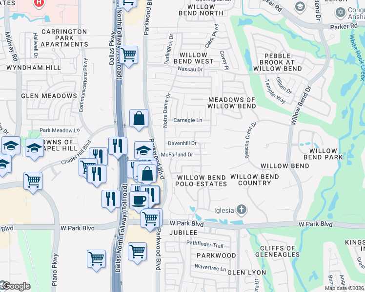 map of restaurants, bars, coffee shops, grocery stores, and more near 5933 McFarland Drive in Plano