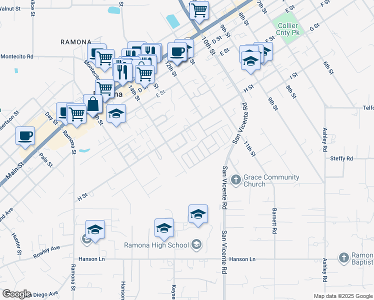 map of restaurants, bars, coffee shops, grocery stores, and more near in Ramona