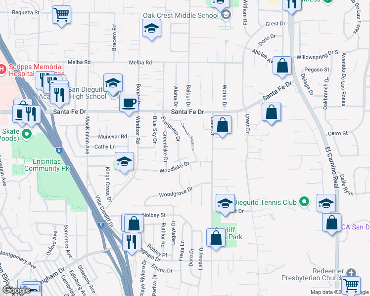 map of restaurants, bars, coffee shops, grocery stores, and more near 1436 Caminito Septimo in Encinitas
